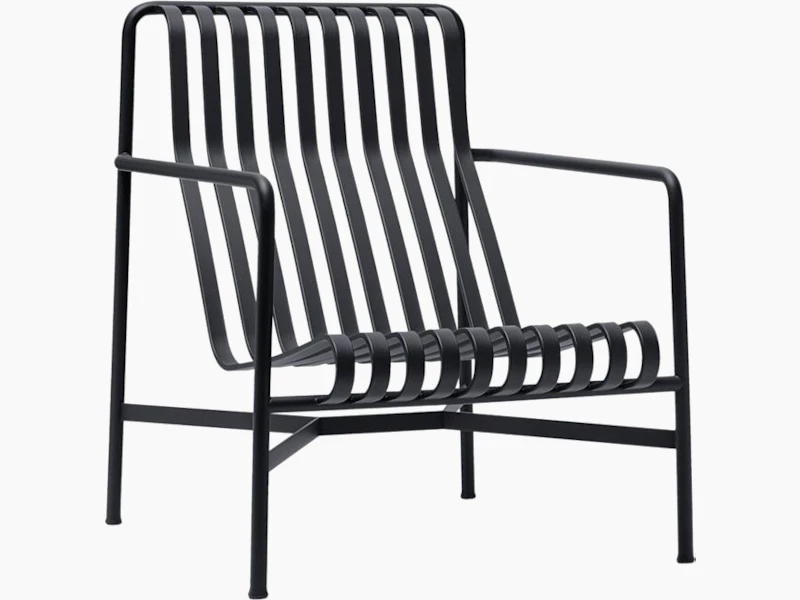 A three quarter view of a Palissade Lounge Chair, High in dark grey.
