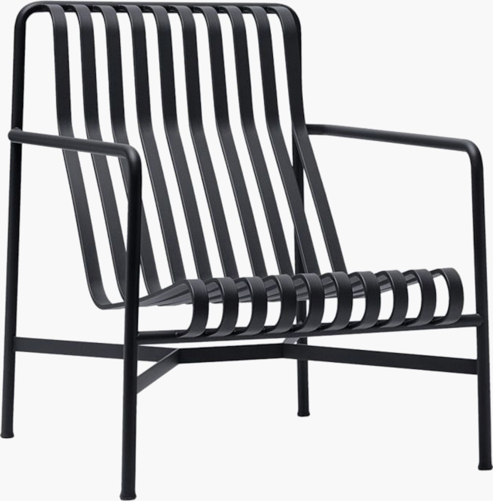 A three quarter view of a Palissade Lounge Chair, High in dark grey.