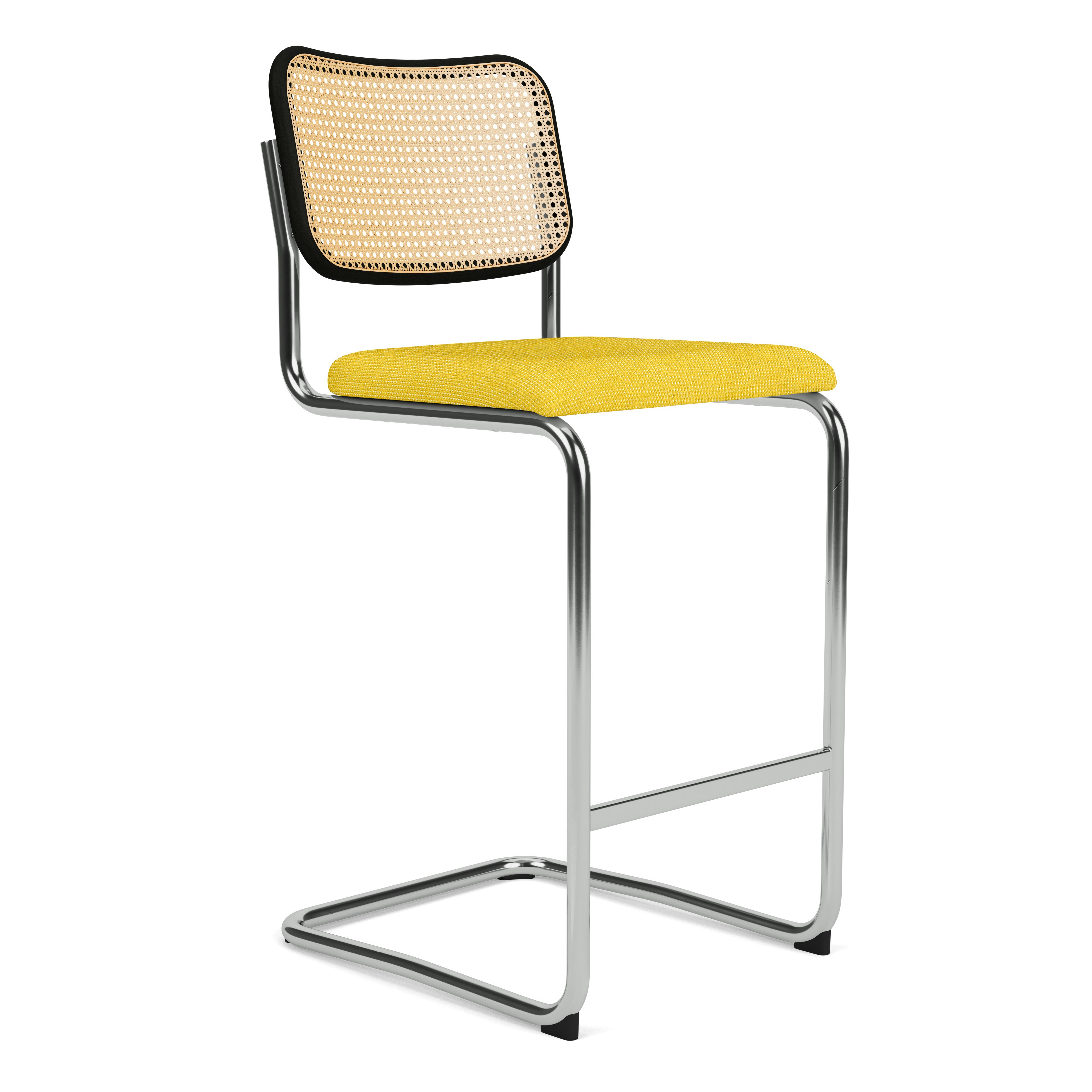 Cesca Bar Stool - Caned with Ebonized Beech Back,  Upholstered Seat,  Prestini,  Yellow and White