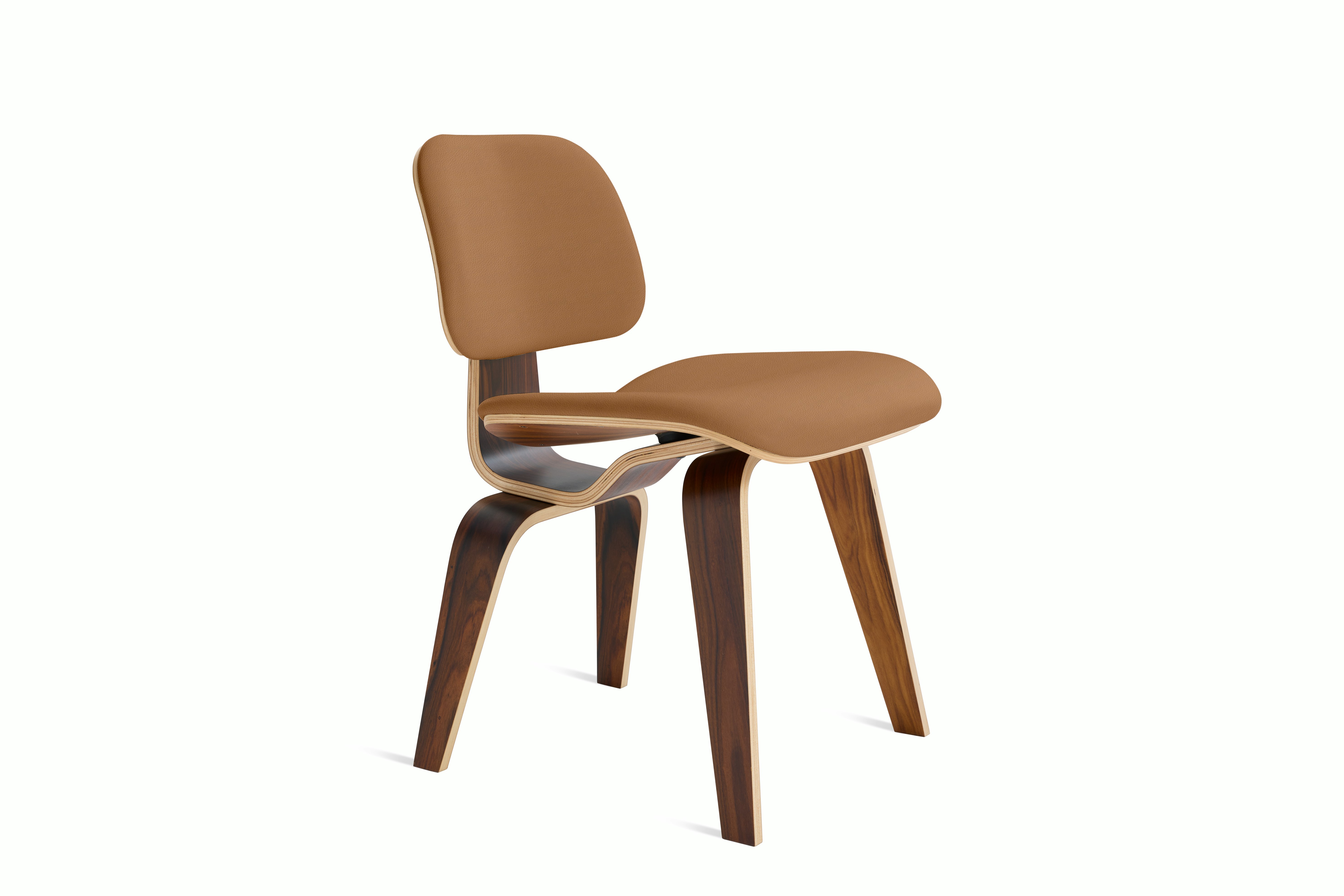 Eames Molded Plywood Dining Chair Wood Base (DCW) in Santos Palisander,  Prone Leather,  Bricolage
