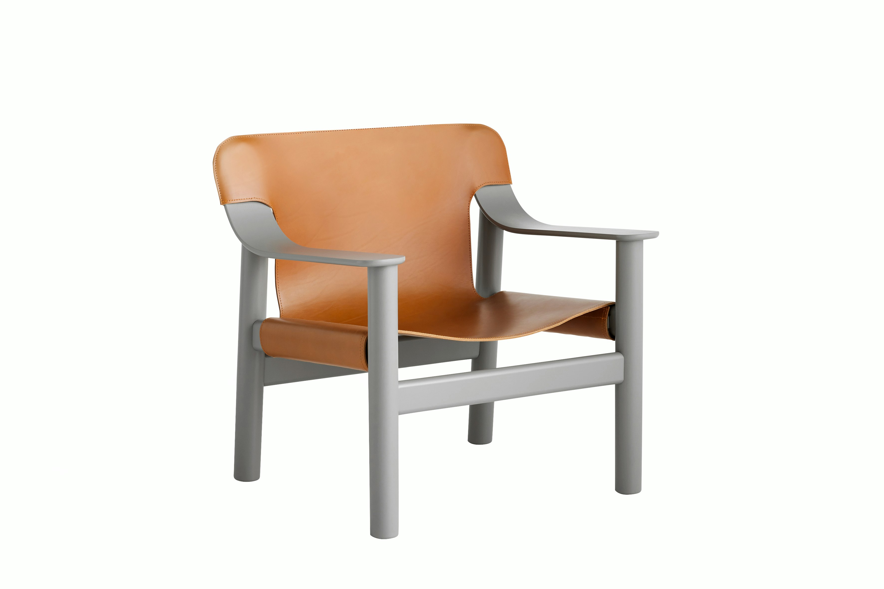 A front angle view of the Bernard Lounge Chair with grey frame and cognac leather seat and back.