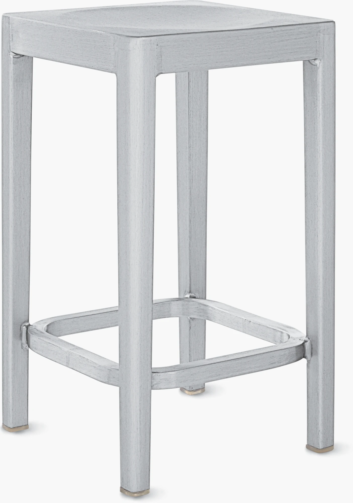 Emeco stool front view with brushed light-silver metal frame and open center