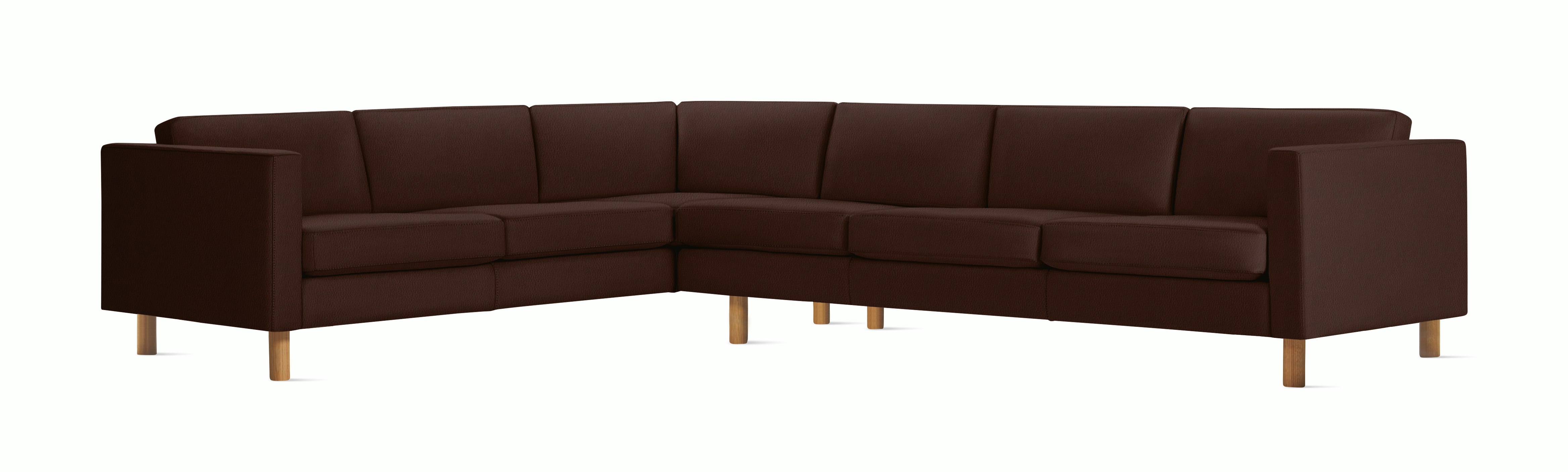 Lispenard Sectional in brown red mantra leather with 6" legs.