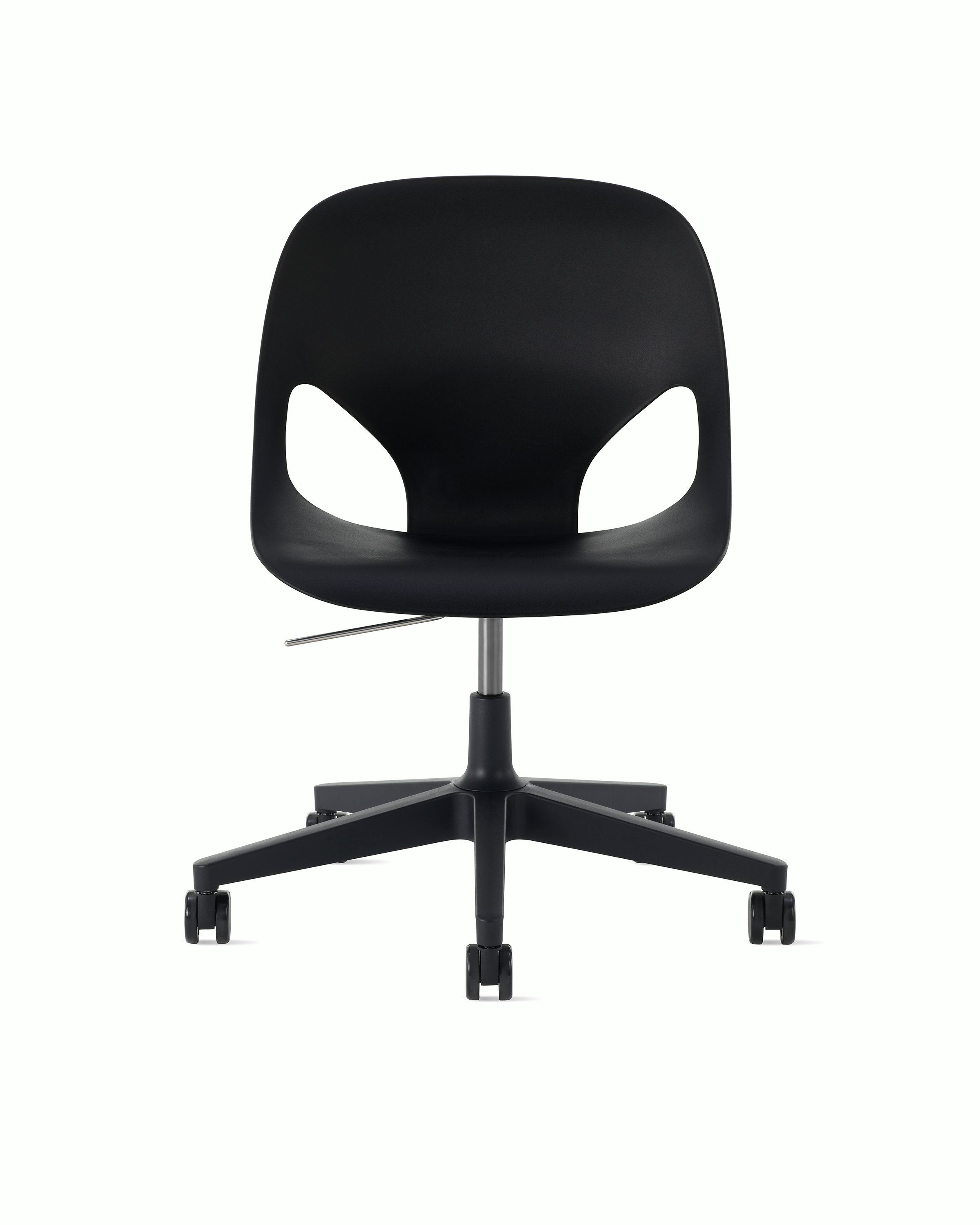 Front view of a black armless Zeph chair.