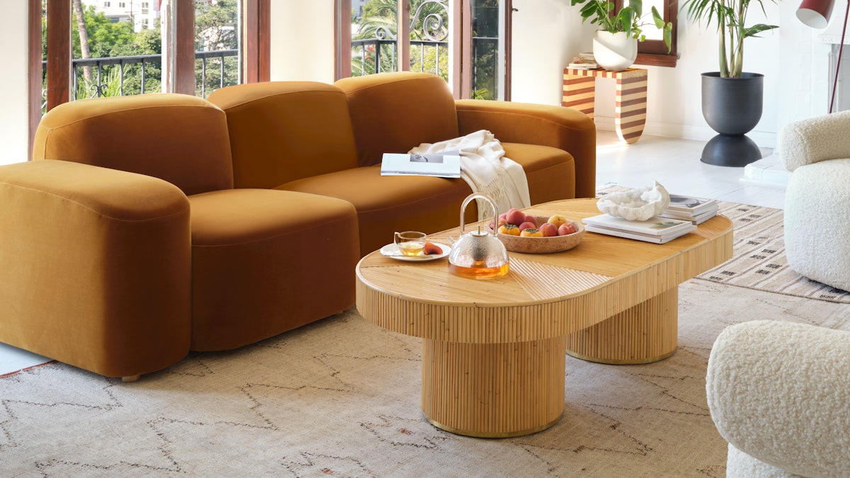 Muse Three-Seater Sofa, Huggy Chair and Paloma Coffee Table