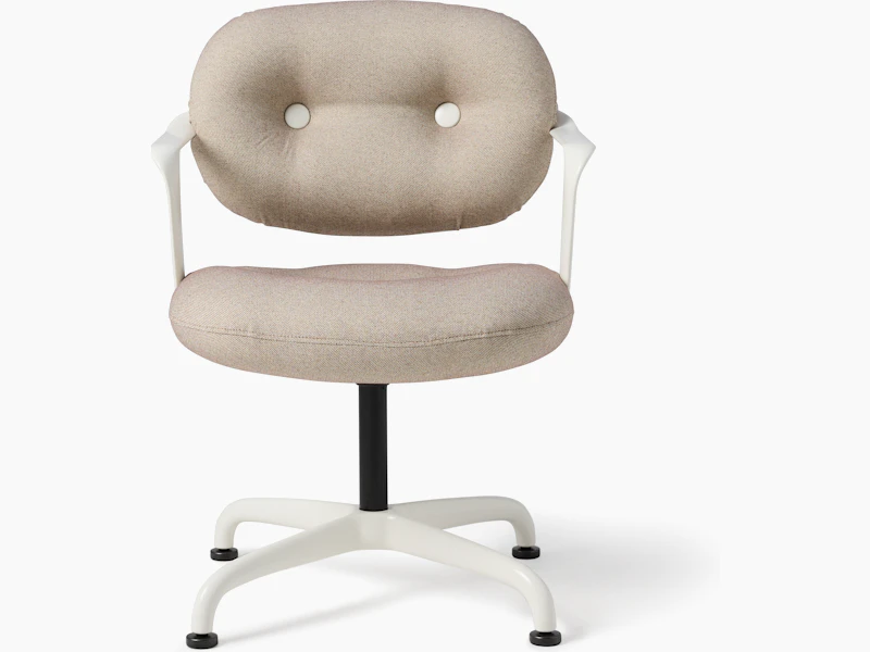 Front view of a Morrison Hannah side chair with a white base with arms and light brown upholstery.