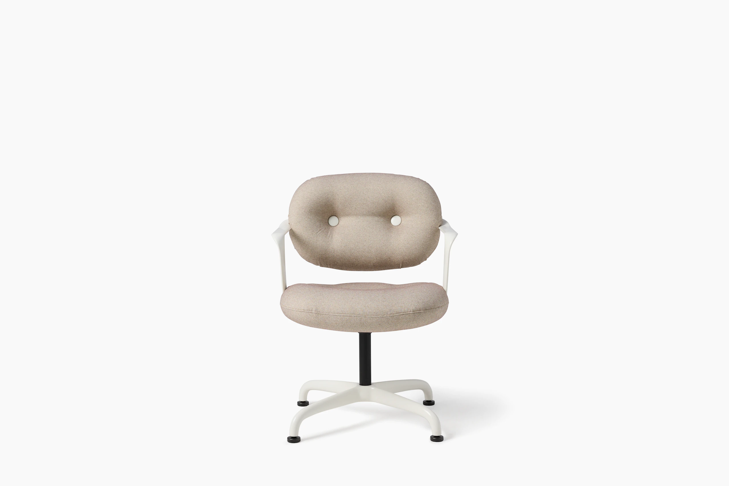 Front view of a Morrison Hannah side chair with a white base with arms and light brown upholstery.