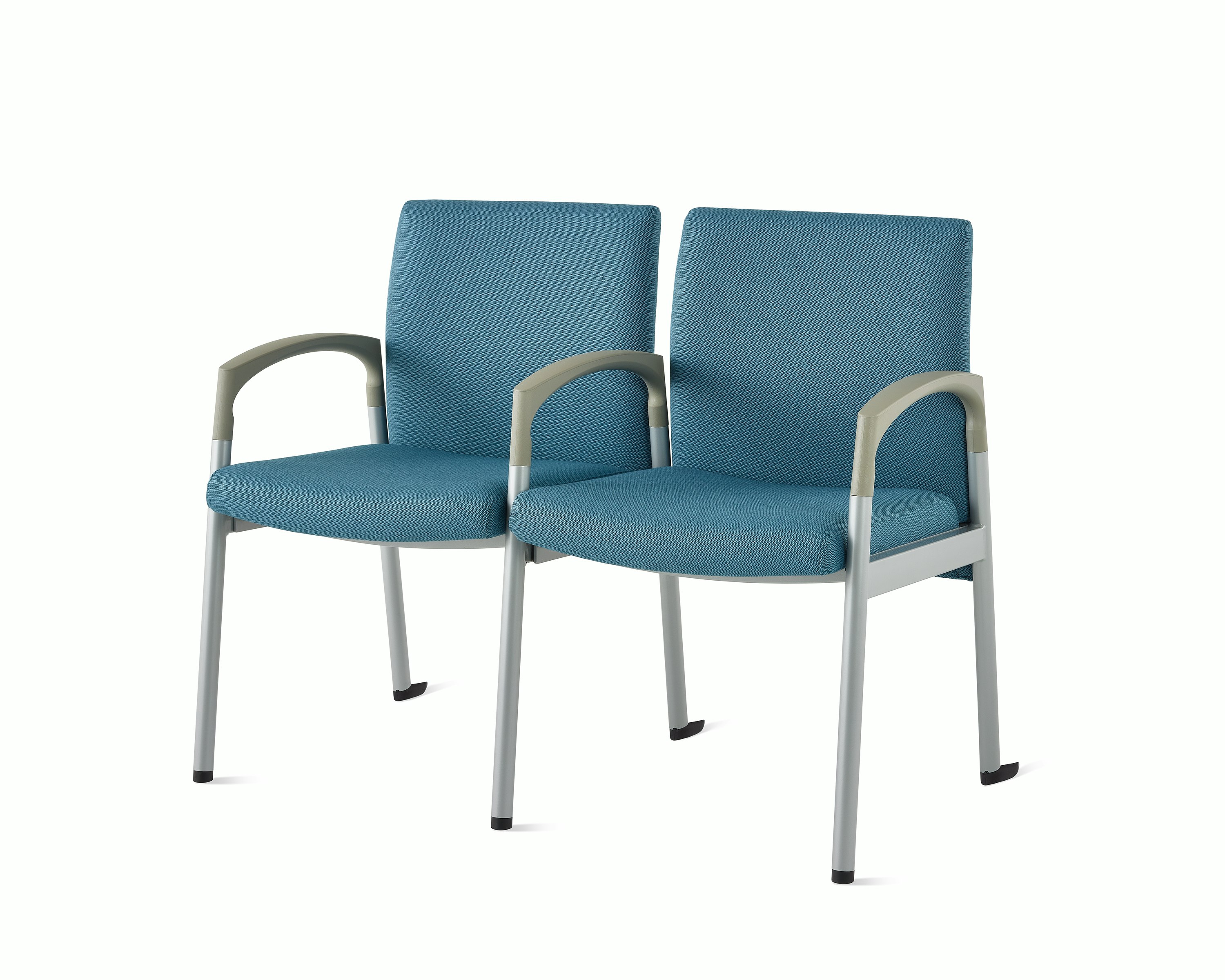 Three-quarter, front view of Valor two-seat multple seating with intervening arms and legs in a blue upholstery, silver frame, and pewter armcaps on white sweep.