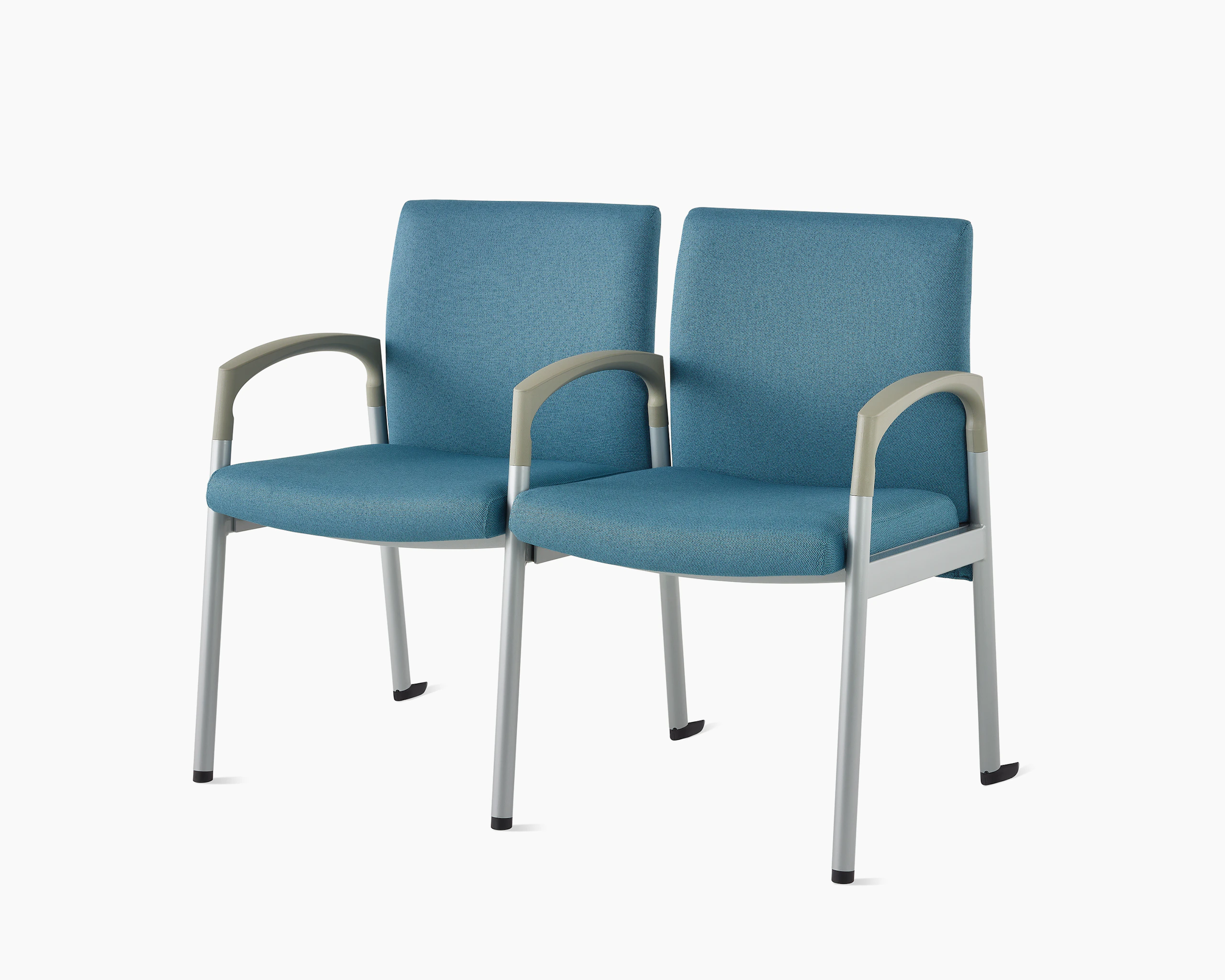 Three-quarter, front view of Valor two-seat multple seating with intervening arms and legs in a blue upholstery, silver frame, and pewter armcaps on white sweep.