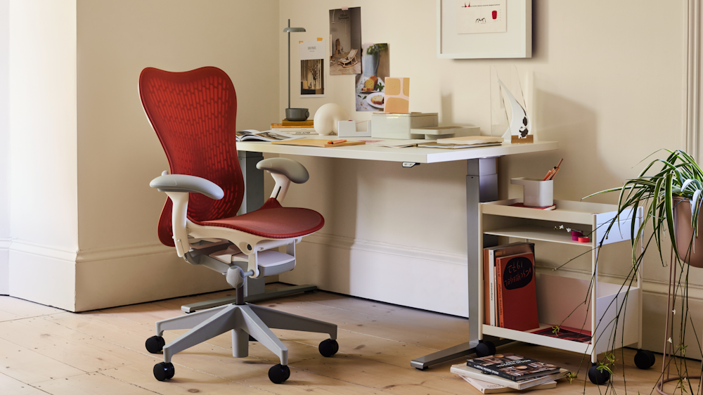 Mirra 2 Chair,  Renew Sit-To-Stand Desk,  OE1 Trolley,  Nelson Face Print