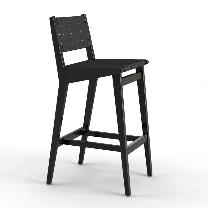 Risom Stool - Bar Height, Ebonized Maple, Polished Aluminum, Charcoal Sunbrella