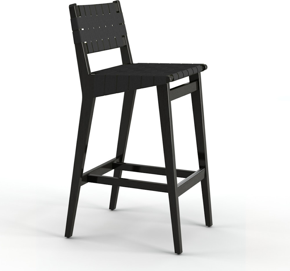 Risom Stool - Bar Height, Ebonized Maple, Polished Aluminum, Charcoal Sunbrella
