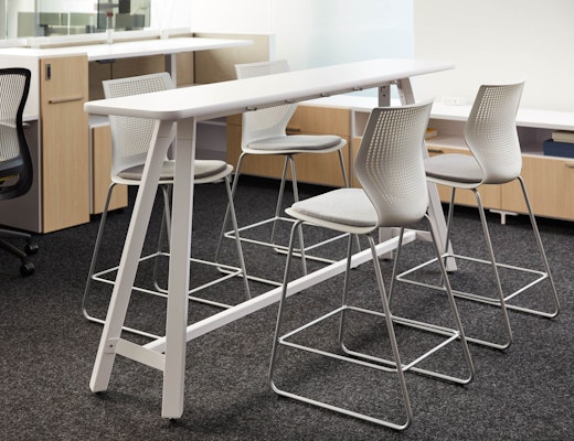Rockwell Unscripted neocon showroom 2017 efficient planning rockwell unscripted tall table immersive planning multigeneration by knoll stool