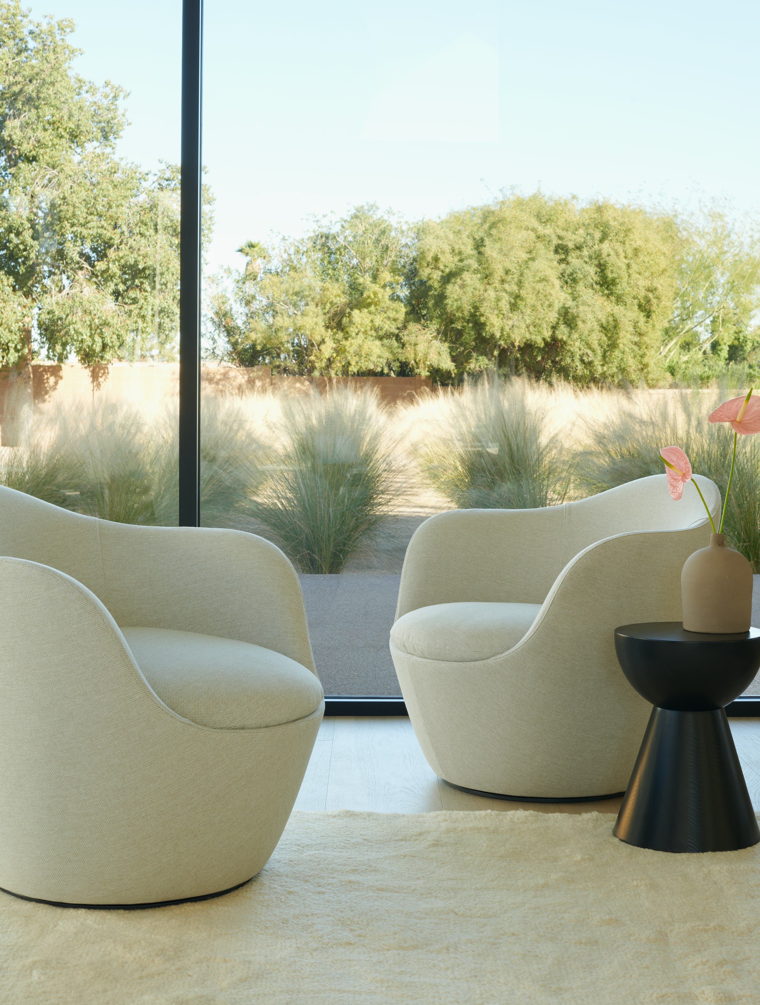 Lina Swivel Chair, Hew Side Table, Ruti Moroccan Wool Rug