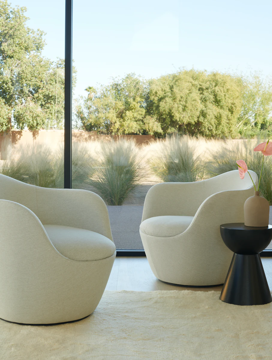 Living room with white chairs and a black side table in front of a large window showing desert plants outside
