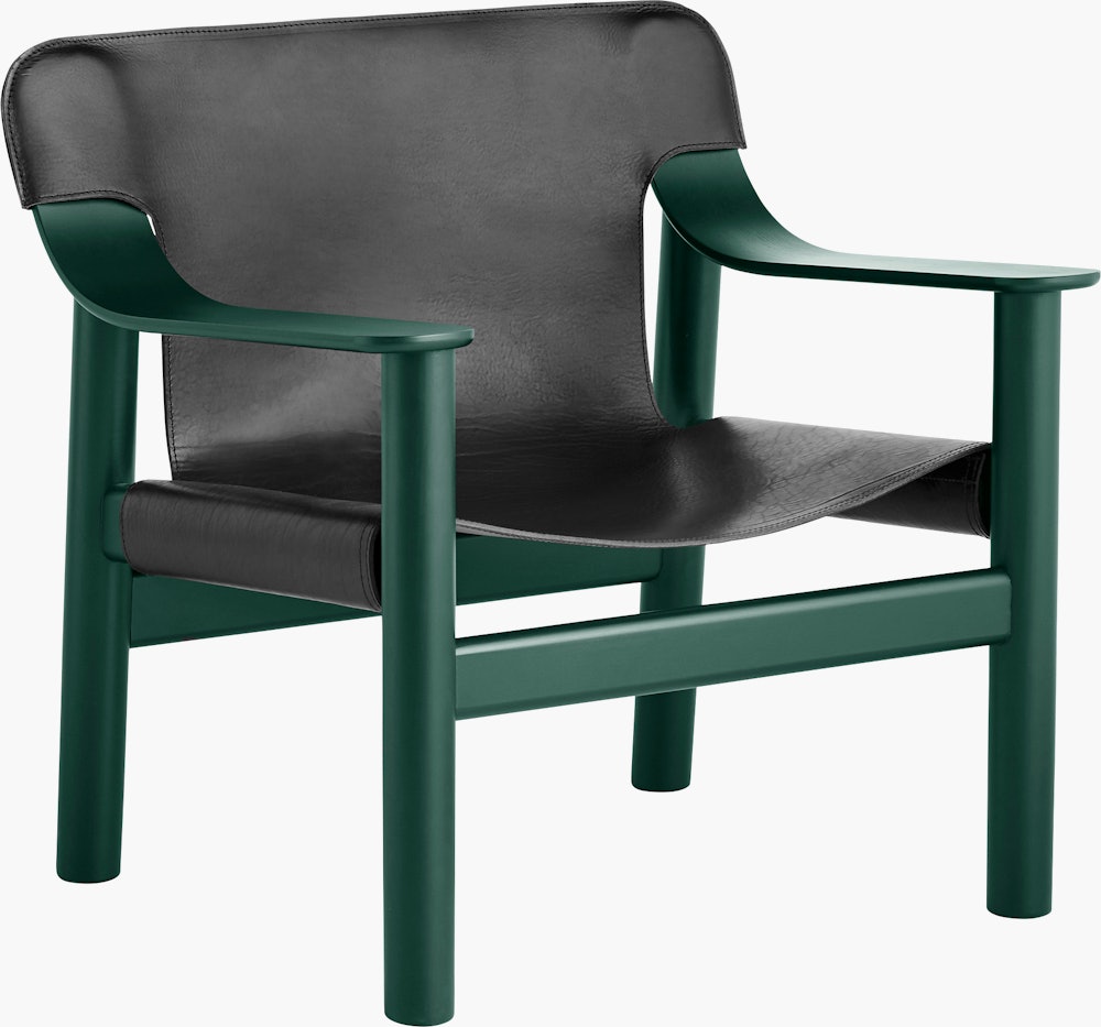 A front angle view of the Bernard Lounge Chair with green frame and black seat and back.