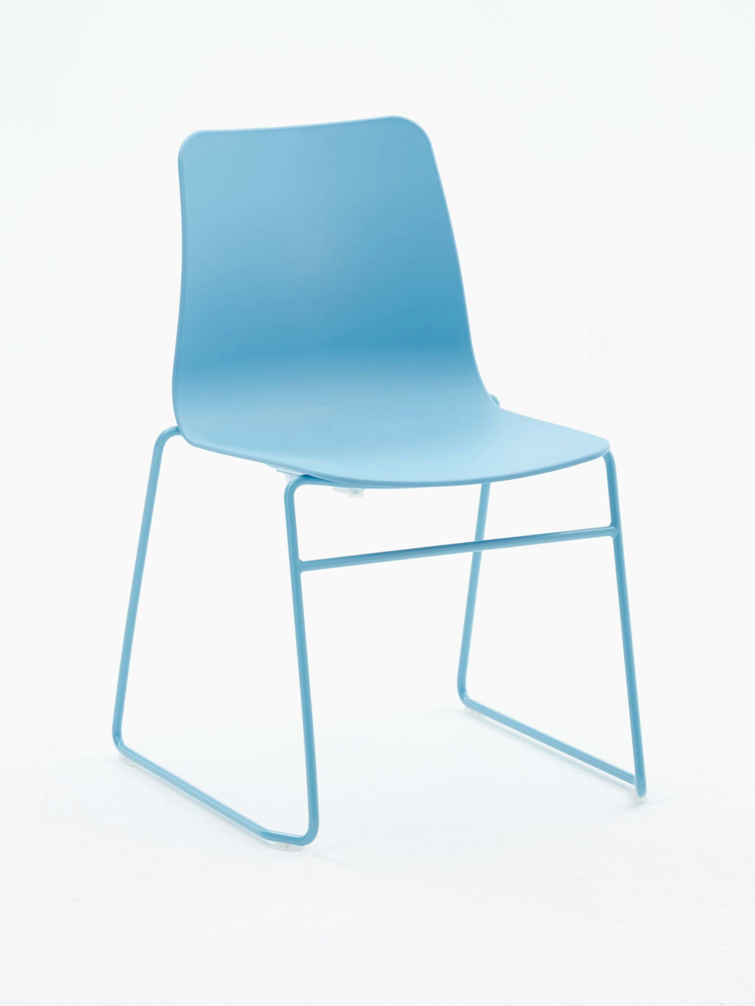 A blue naughtone Polly Side Chair with a sled base, viewed at an angle.