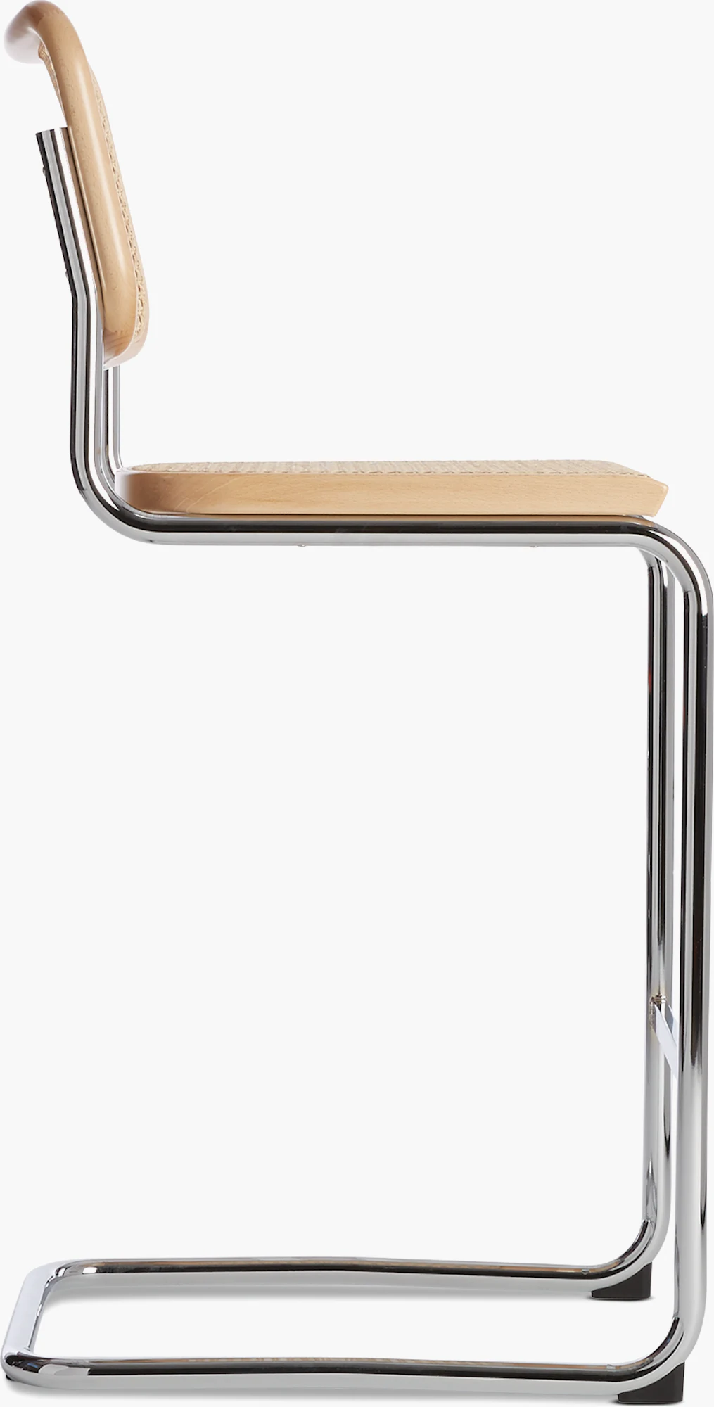 Cesca bar stool side view showing chrome frame and light woven seat.
