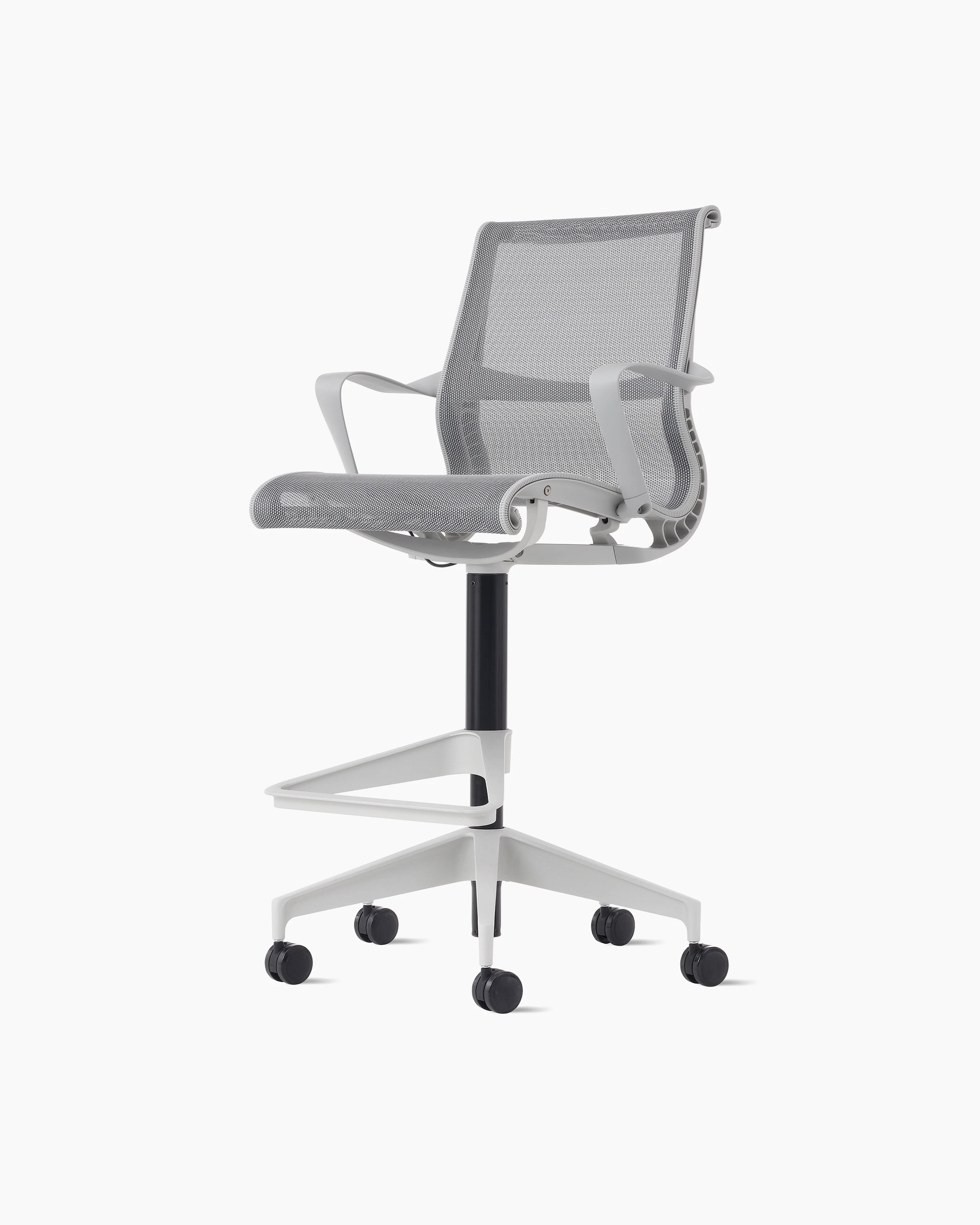 Front angle view of a Setu stool with fixed arms, a light grey frame, silver alloy base and light grey suspension.