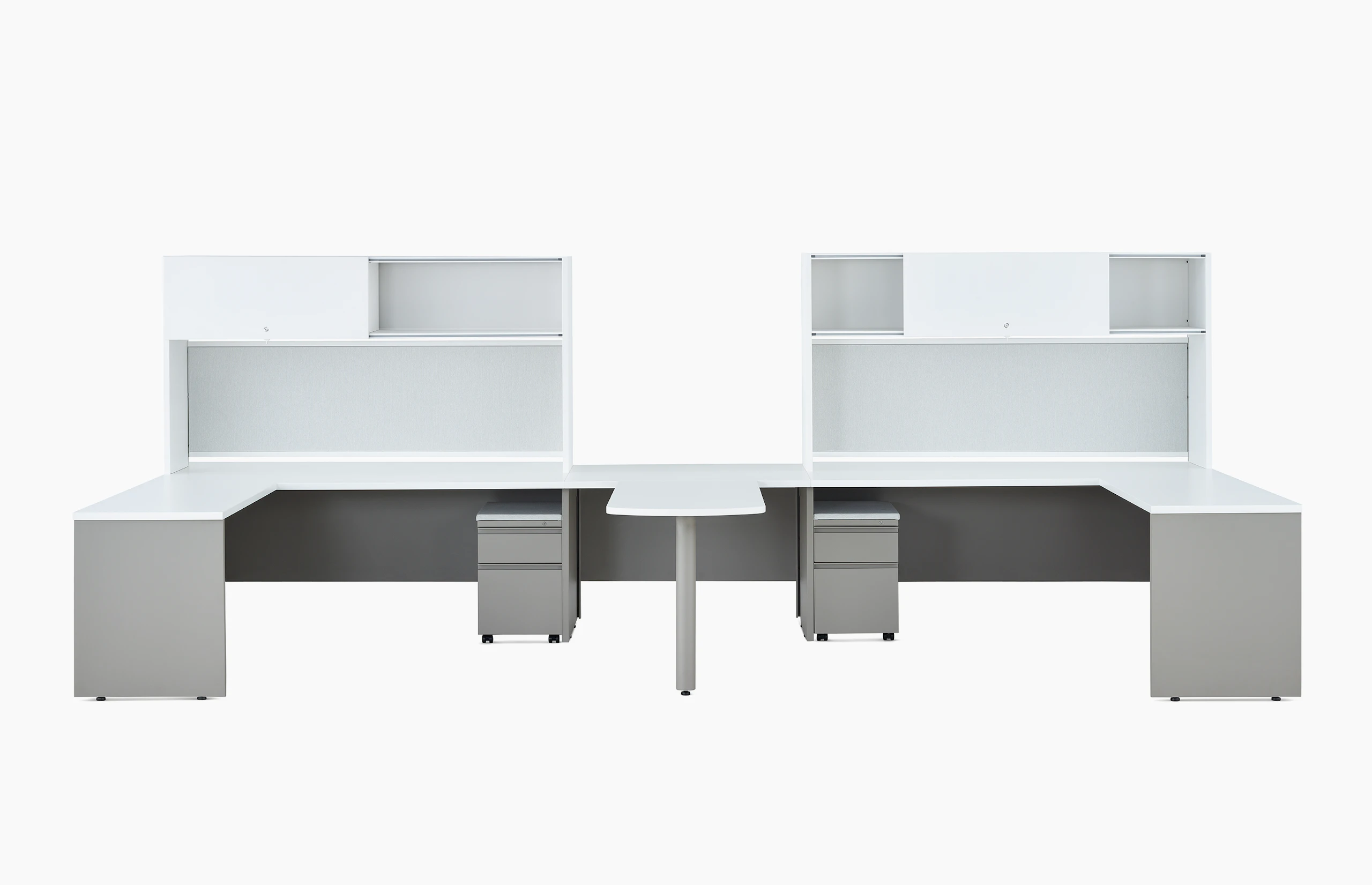 Two white and gray Canvas Metal Desks with upper storage and a peninsula surface.