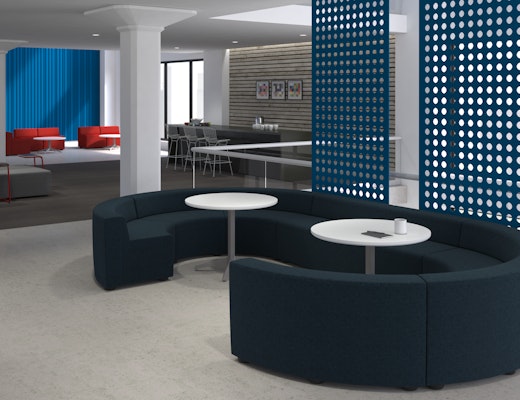 k. lounge Community Lounge Activity Spaces community work lounge coffee bar pantry break area social space corridor bench ottoman Toboggan pull up table Dividends Horizon x base table FilzFelt hanging panel acoustic wall Bertoia Barstool