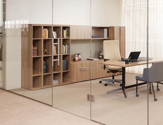 Anchor with Dividends Horizon Private Office laminate fronts wood grain laminate bookcase cubby credenza overhead storage locker tackboard table desk