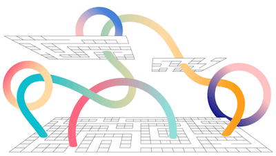 A multicolored illustration of circles and lines that represent building connections across distributed teams