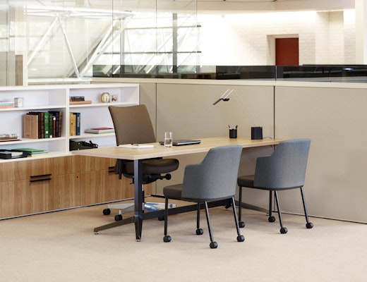 Dividends Horizon Manager Station with Anchor Storage laminate fronts wood grain laminate bookcase cubby table desk smoked add up glass task light credenza stacker
