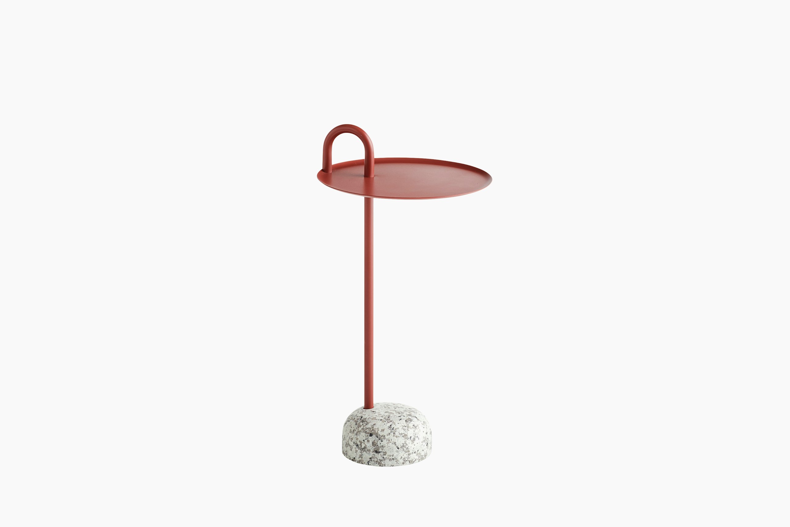 A front view of the Bowler Side Table in red with a granite base.