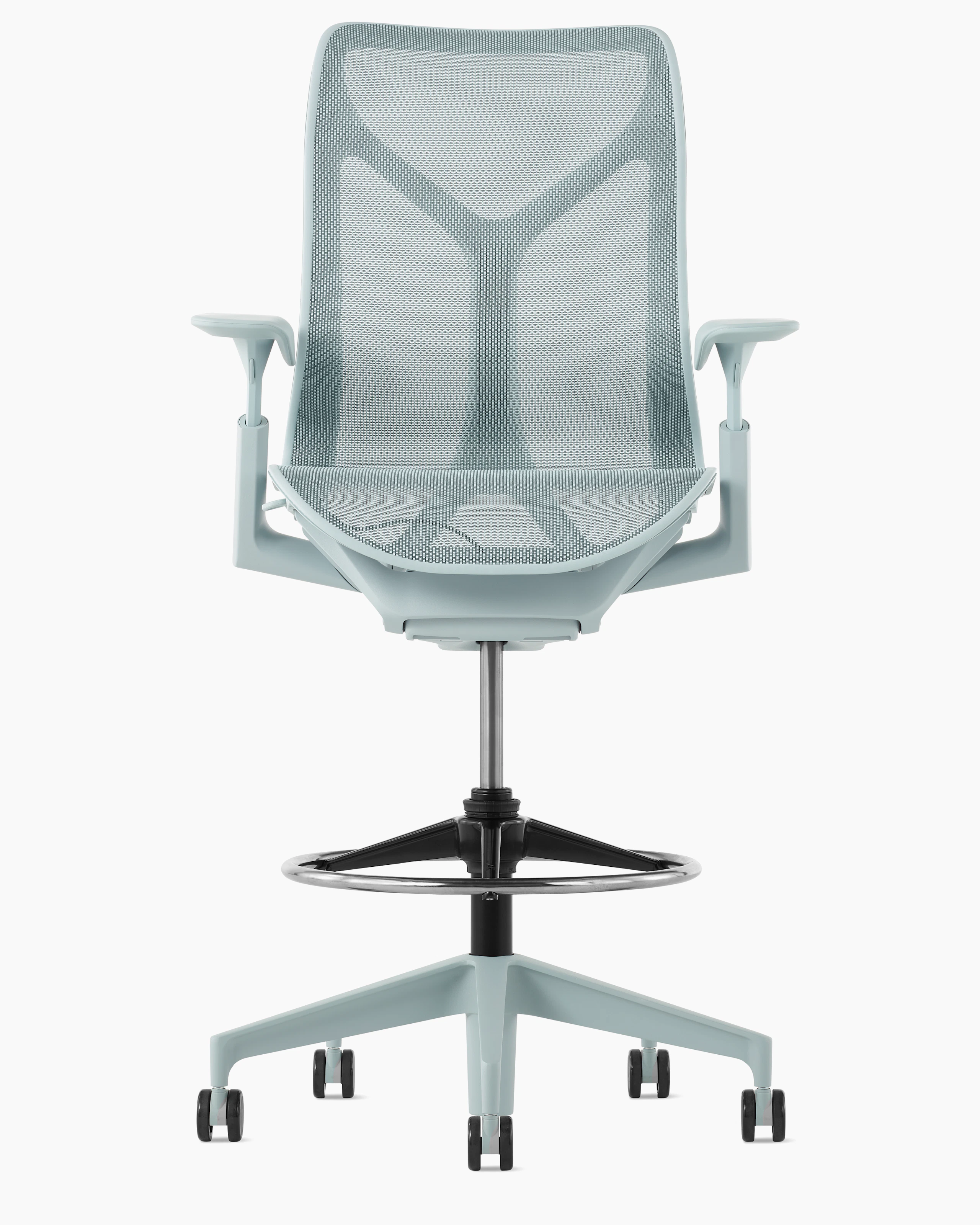 A glacier Cosm Stool with height-adjustable arms.