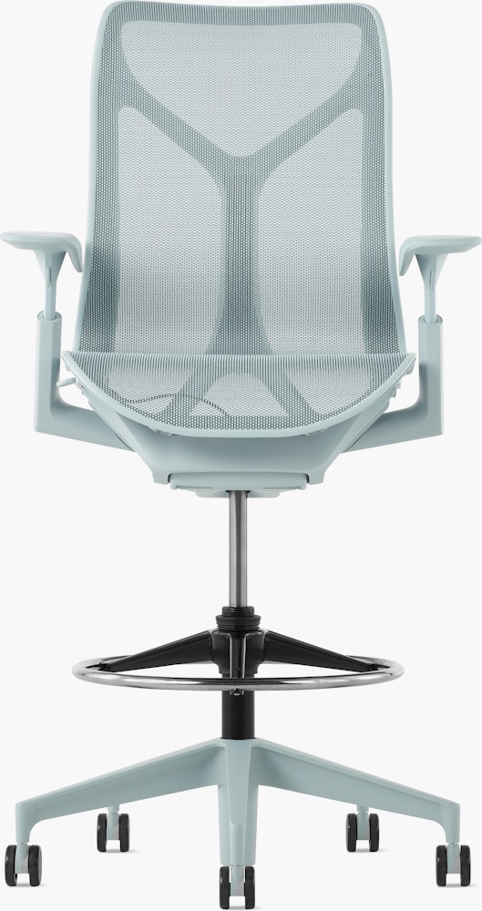 A glacier Cosm Stool with height-adjustable arms.