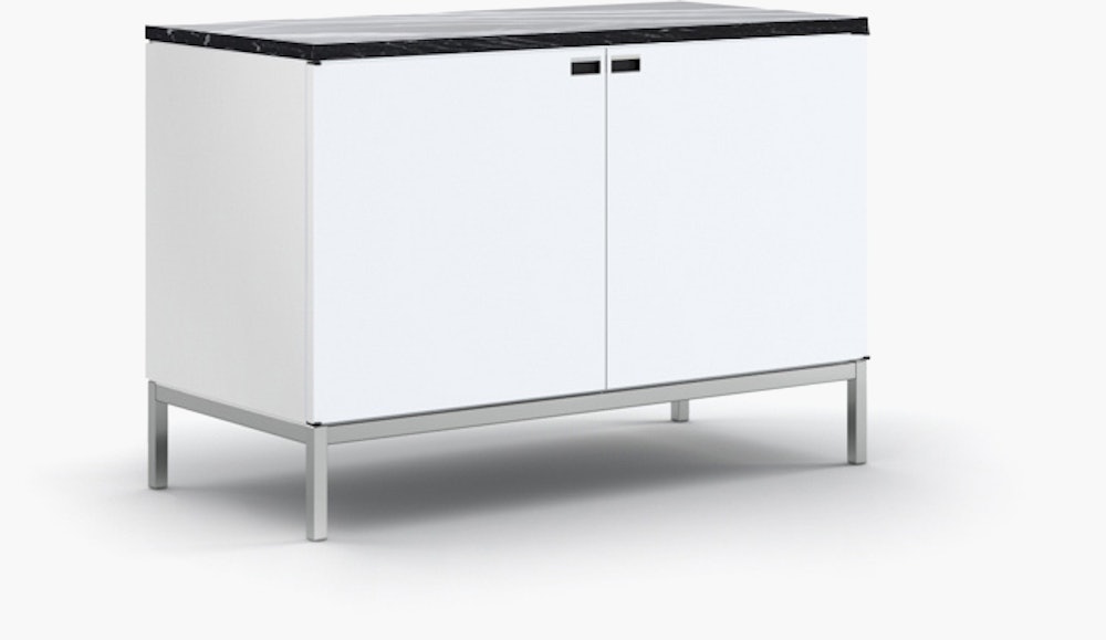 Florence Knoll Credenza - Two Position, Polished Chrome, White Lacquer, Polished Nero Marquina
