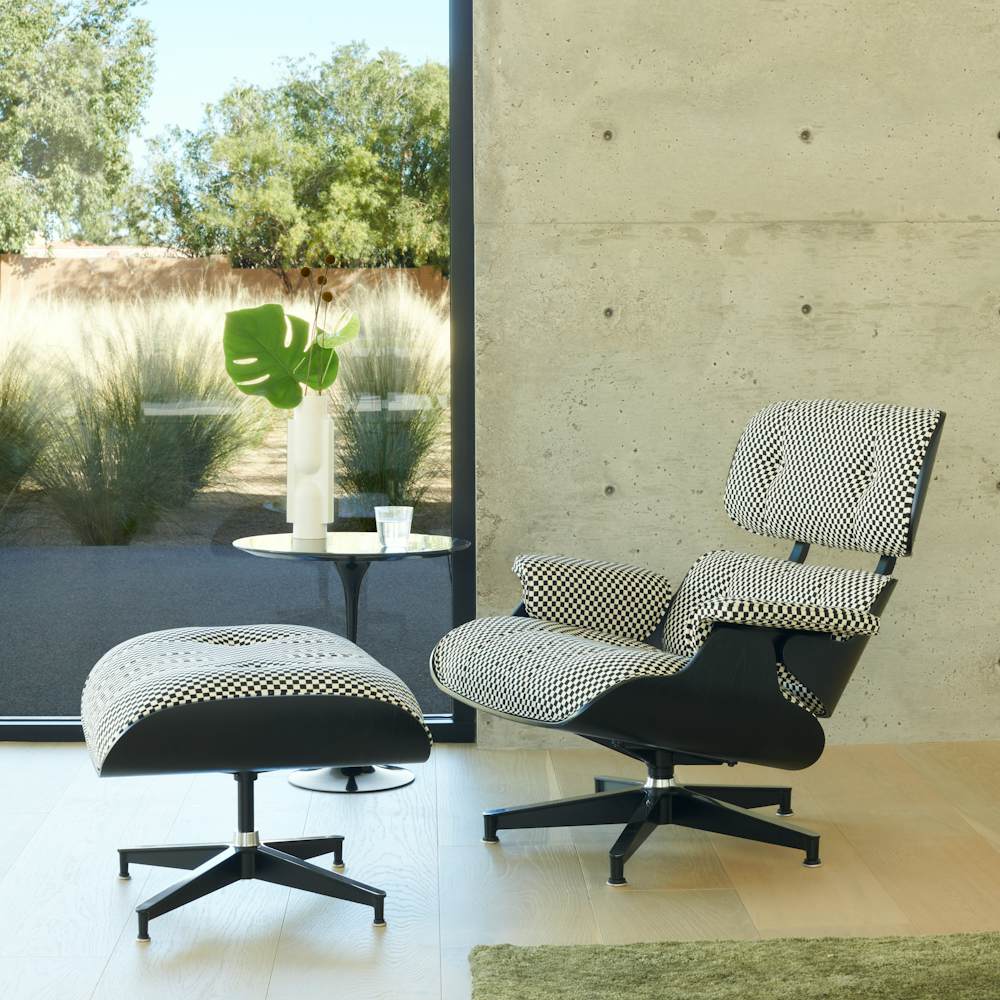 Eames Lounge Chair and Ottoman - Girard Check,  Saarinen Side Table,  and Kala Vase
