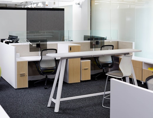 Anchor Storage with Rockwell Unscripted Tall Table  anchor storage workstation lockers raised anchor storage rockwell unscripted tall table regeneration by knoll efficient planning neocon 2017 showroom regeneration by knoll stool sapper monitor arm