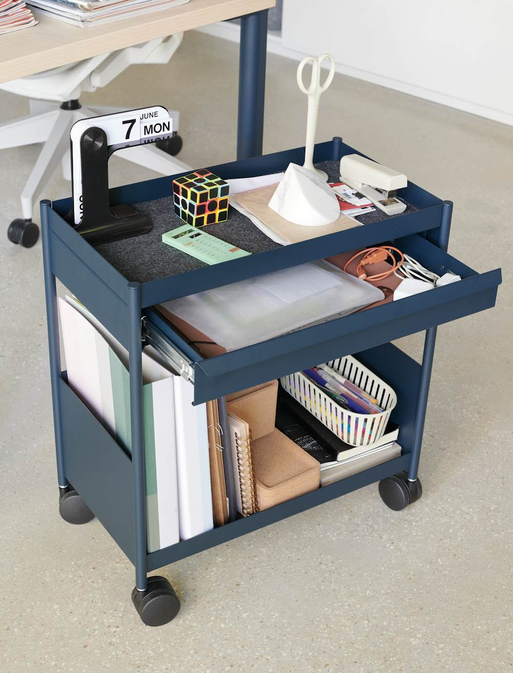 Blue OE1 Storage Trolley with casters in home office setting