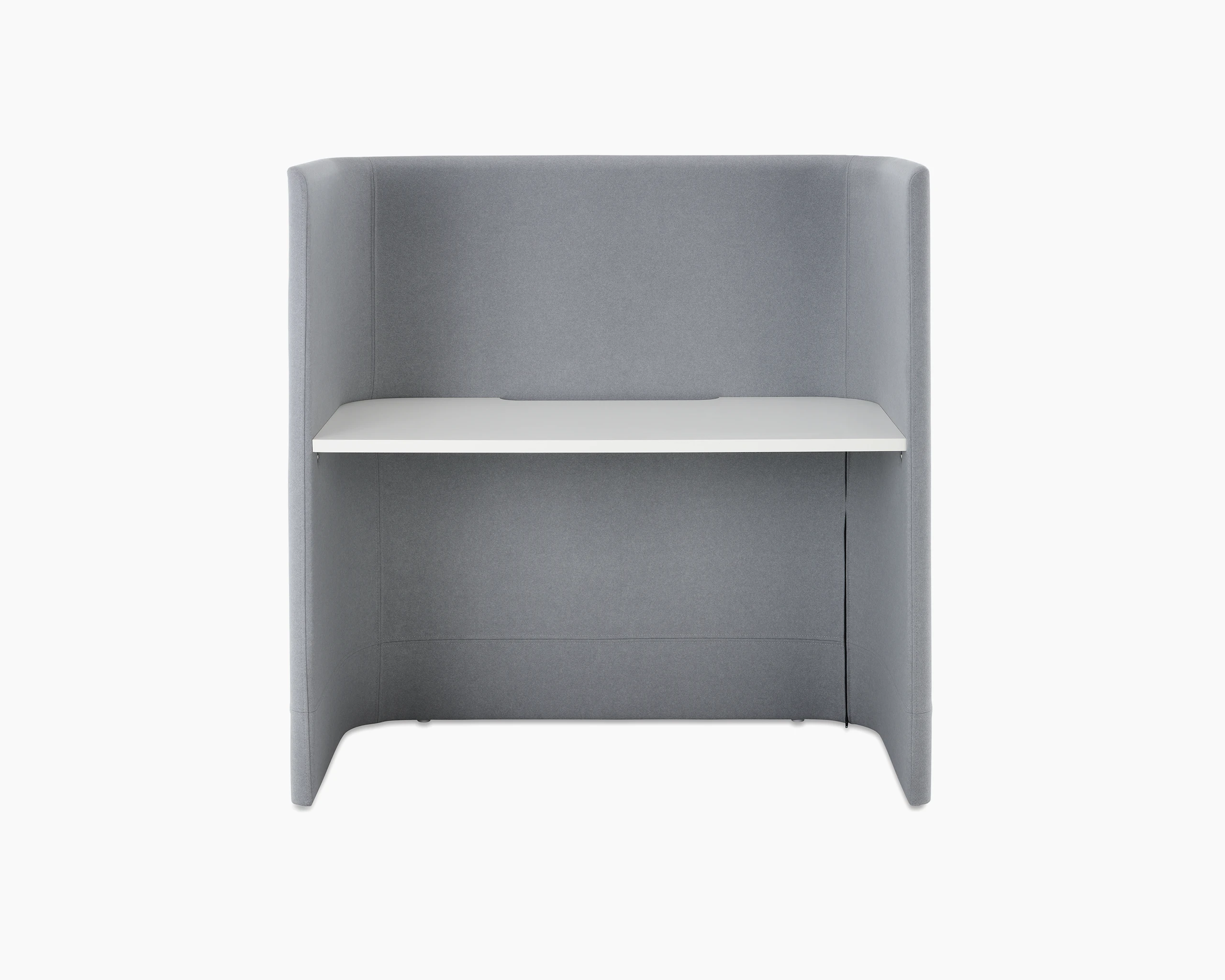 Front on shot of Pullman Desk upholstered in pale grey fabric with a white desk top.