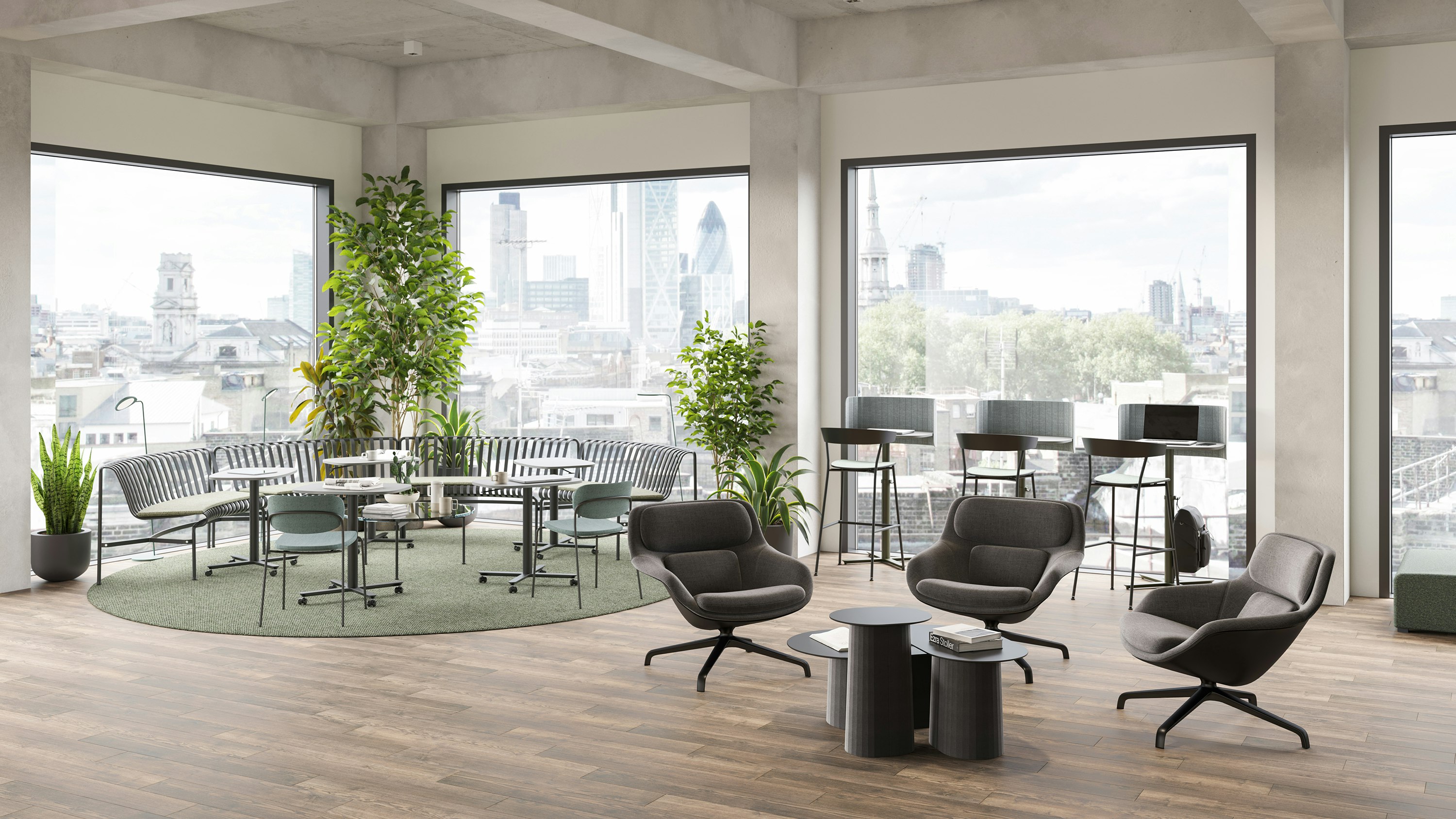 A selection of large and small Passport Work Tables are featured in a community socialization setting.