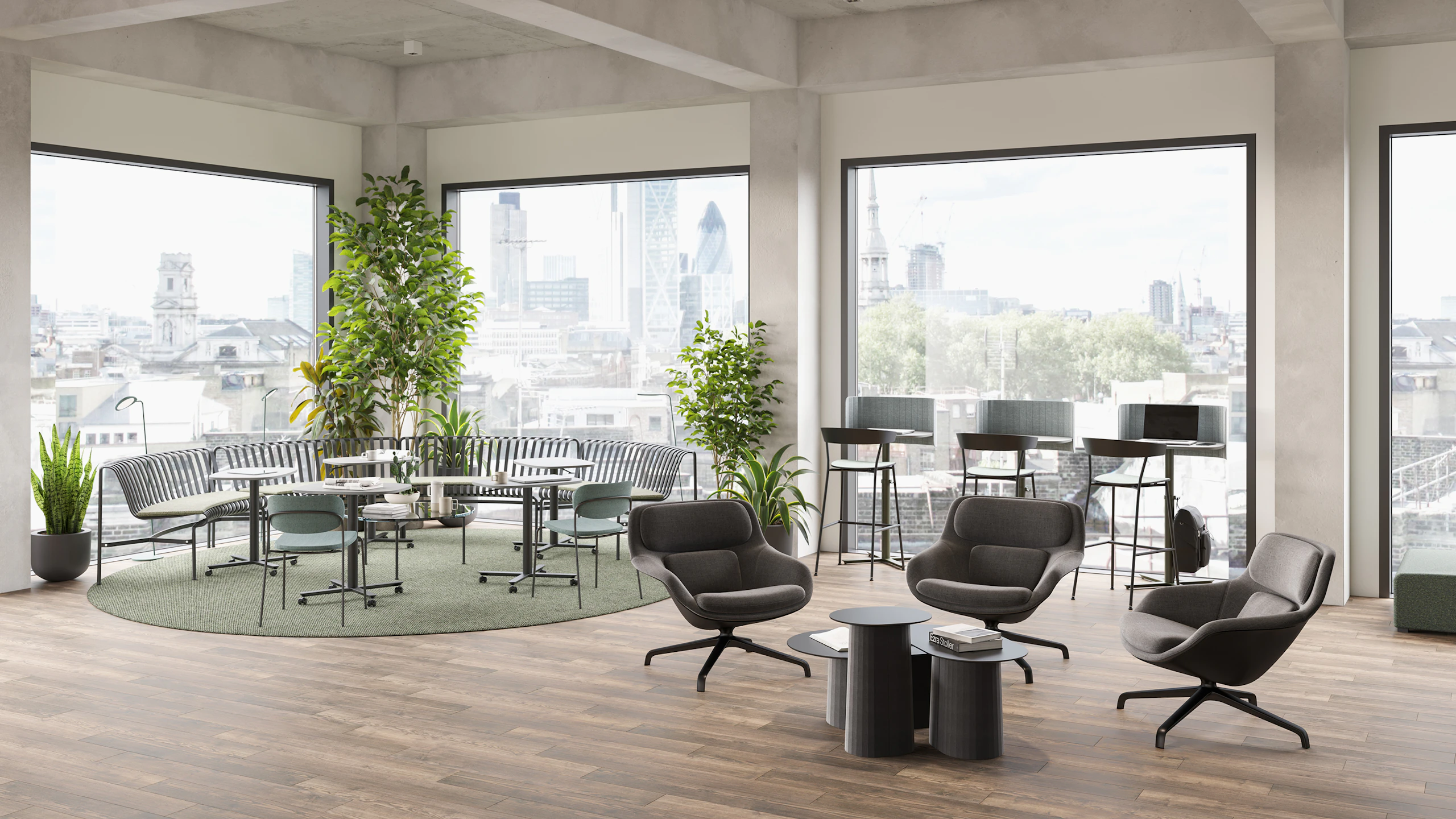 A selection of large and small Passport Work Tables are featured in a community socialization setting.