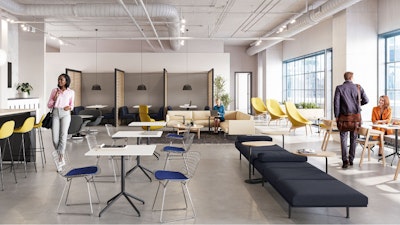 A brightly lit community setting featuring four persons utilizing a variety of colorful seating options including the HAY Uchiwa Lounge Chair, Muuto Base Tables, and Muuto Still Cafe Tables