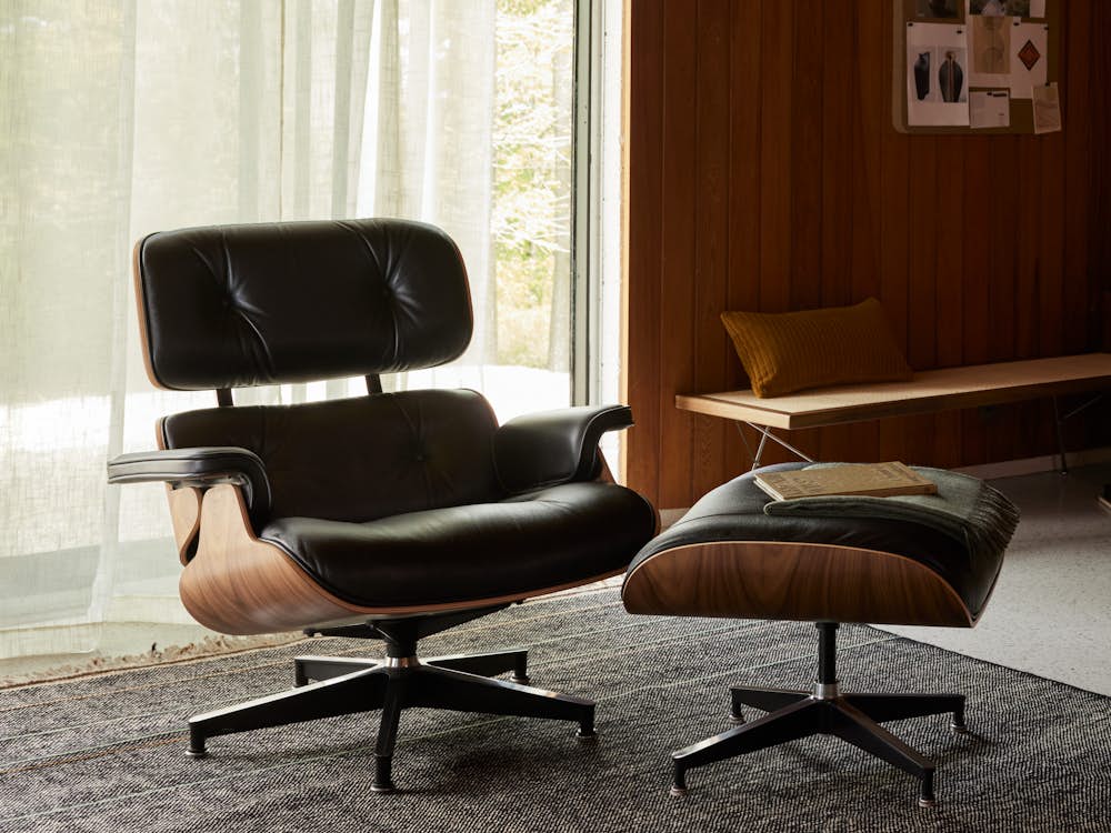 Leatherwrap Sit-to-Stand Desk,  Maharam Argali Rug,  Ode Desk Lamp,  Eames Lounge Chair and Ottoman,  Eames Aluminum Group Chair