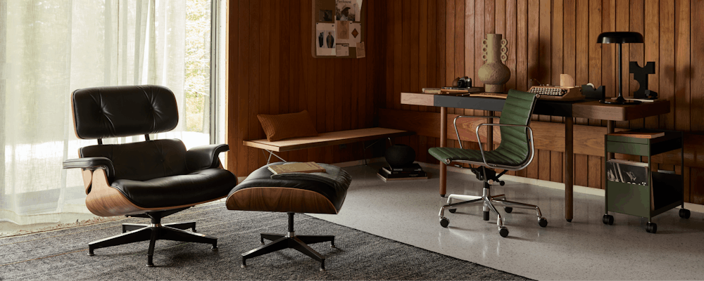 Leatherwrap Sit-to-Stand Desk,  Maharam Argali Rug,  Ode Desk Lamp,  Eames Lounge Chair and Ottoman,  Eames Aluminum Group Chair