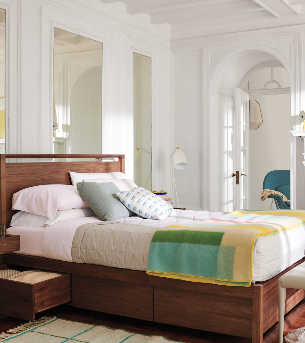 Matera Bed High Headboard, Diamond Quilt, Pecora Pillow and Turmi Pillow in a bedroom setting