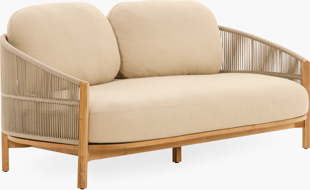 Gray cushioned 2-seat sofa with wooden frame and rope-woven sides