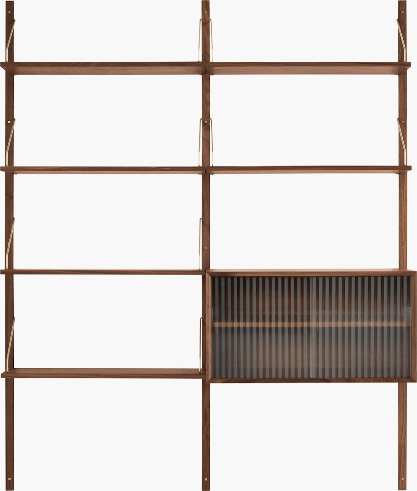 Royal System Shelving 2 Bay - Walnut,  1 Cabinet,  Rippled Glass Cabinet