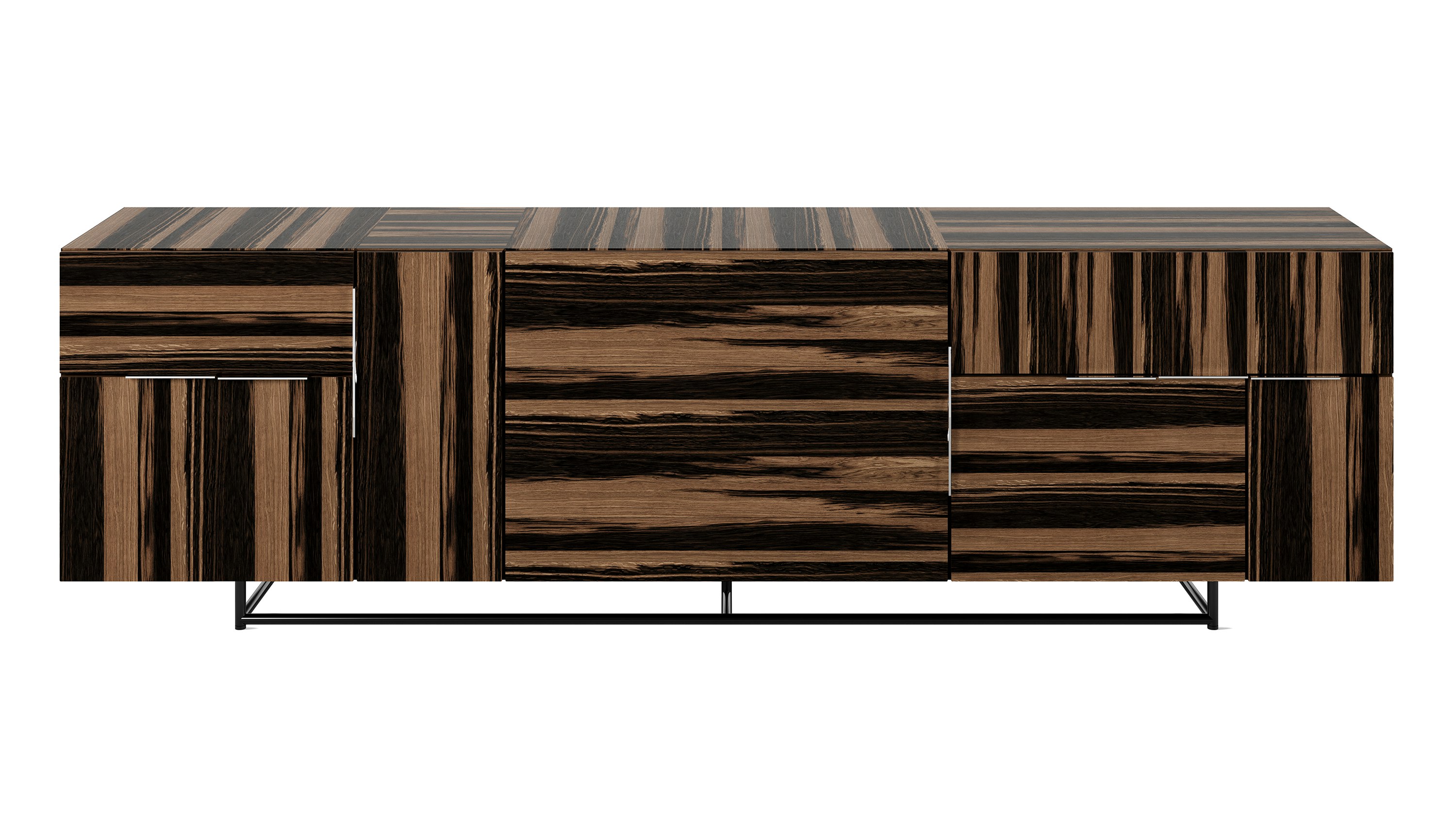 Three unit wide Domino Credenza with mixed storage in ebony with a black base viewed from the front.