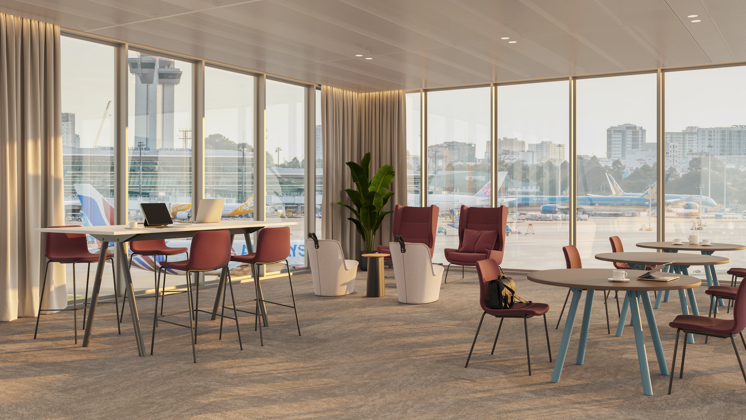 An airport lounge with Morse dining tables and a Morse bar height table, along with a lounge setting of Hush and Pippin chairs.