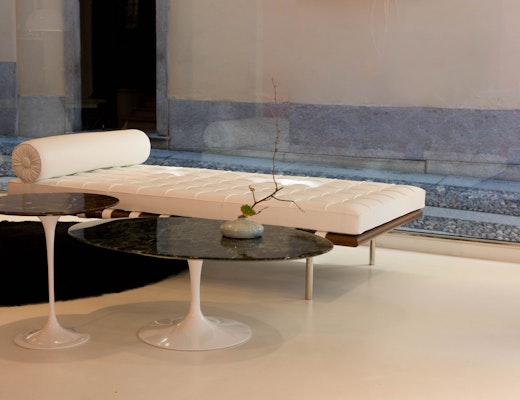 Barcelona Couch, Saarinen Side and Coffee Table