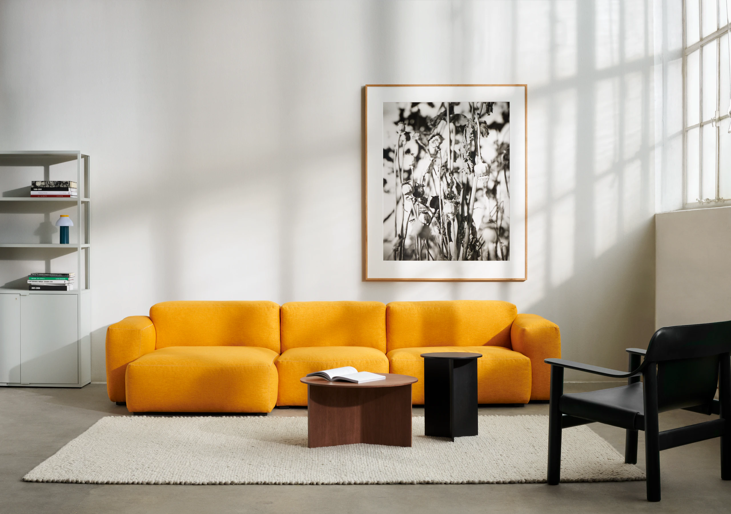 Mags Soft Low Sectional, Peas Random Rug, Slit Tables