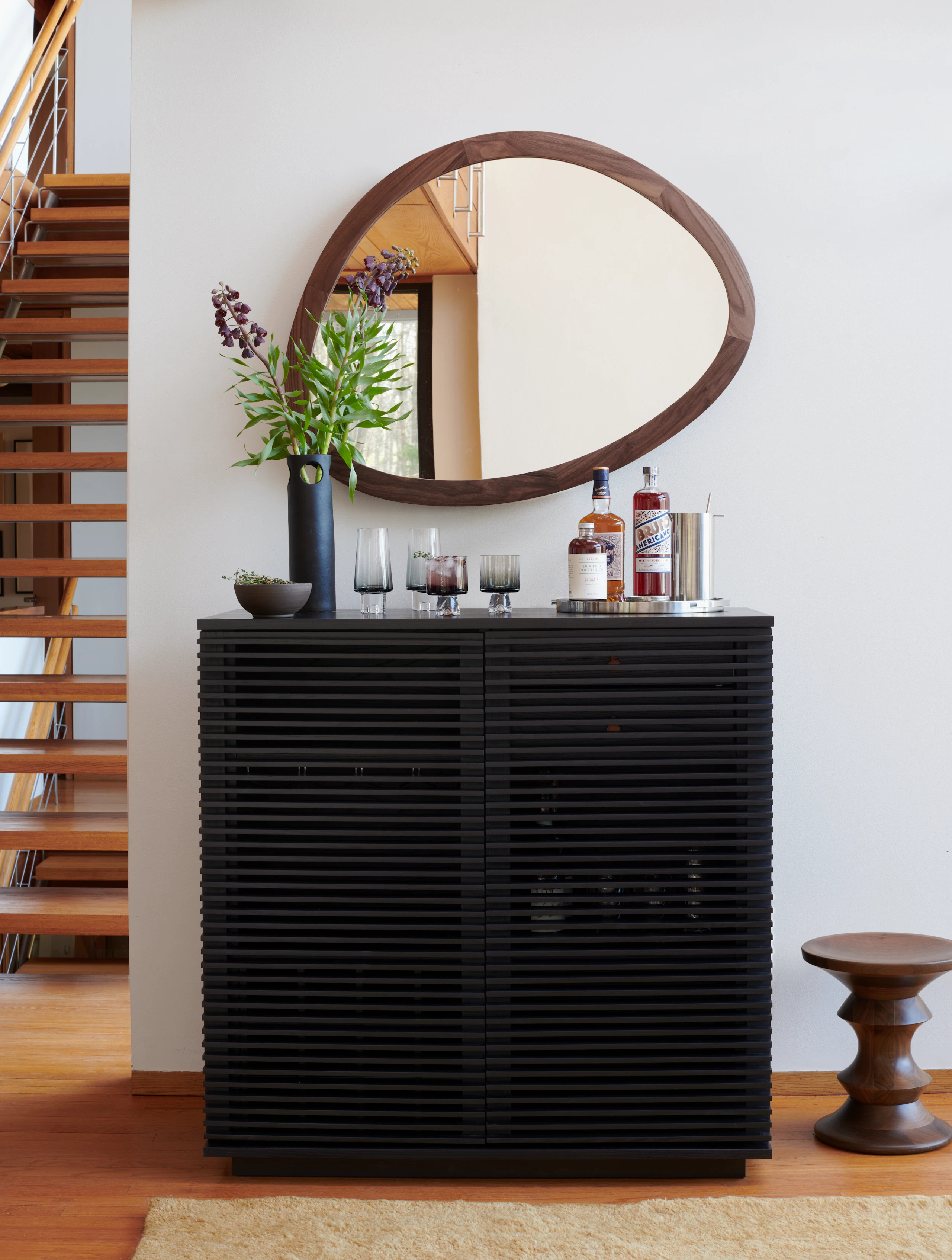 Line Bar, Giolino Mirror, Tank Lowball Glasses, Tank High Ball Glasses, Eames Walnut Stool, Cenote Vase