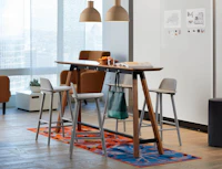 Rockwell Unscripted Tall Table drink rail Rustic Walnut tapered edge Creative Wall Highback Lounge Chair KnollExtra power cube Antenna Design Muuto Nerd Bar Stool Muuto Unfold Pendant Lamp lighting shared spaces collaboration team meeting community
